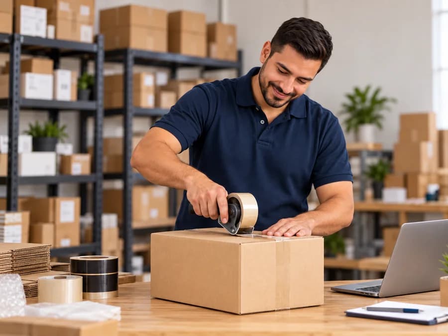 Un emprendedor prepara un paquete en su negocio